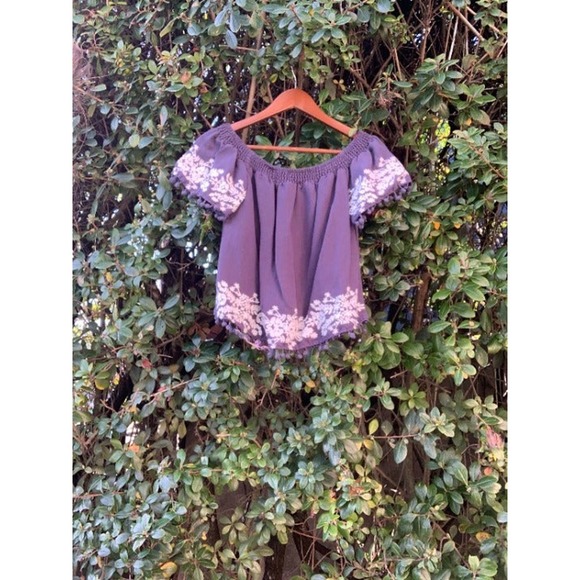 Blue Rain navy blue off the shoulder top with white embroidery - Picture 5 of 11